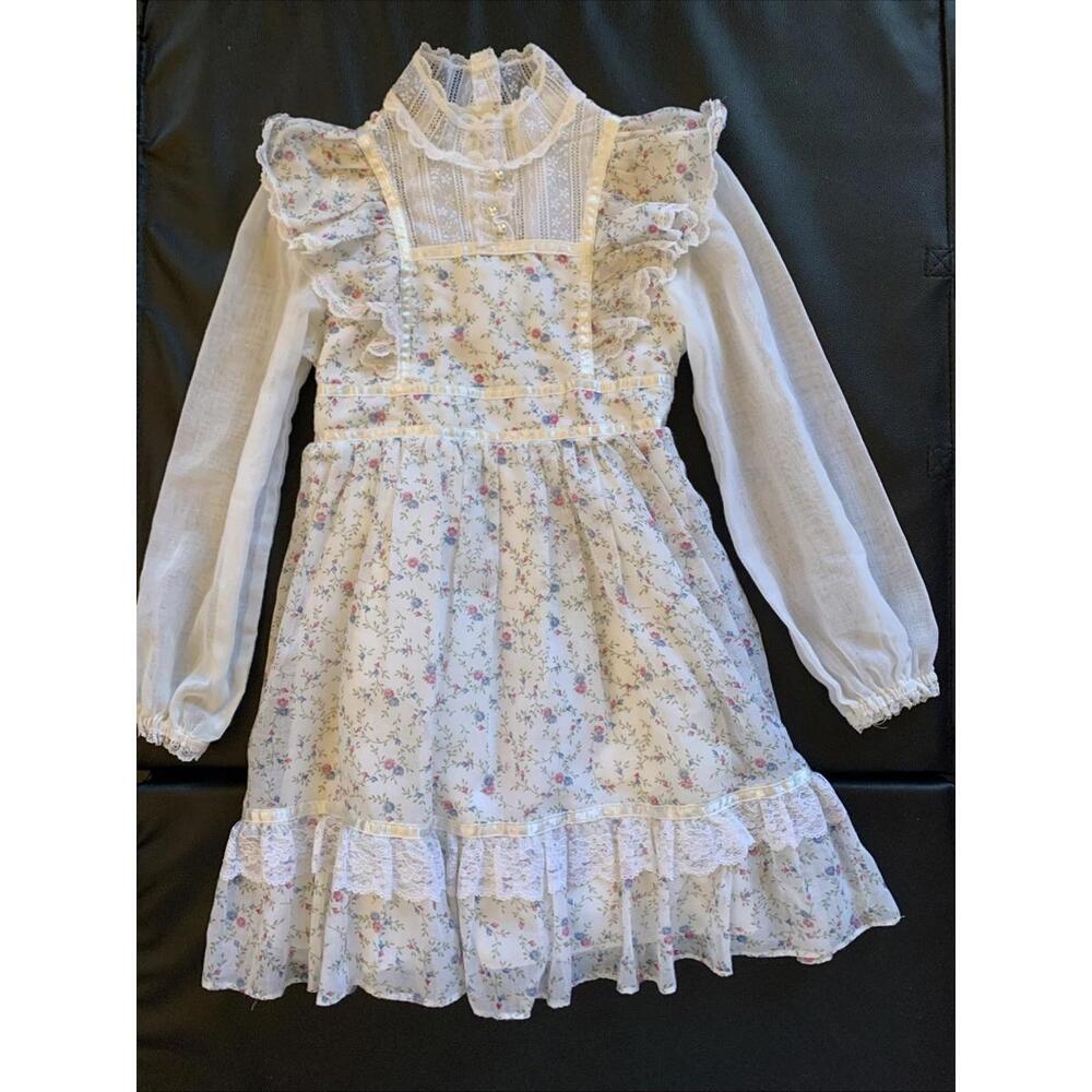 Vintage Jessica McClintock Gunne Sax Pink White Lace Victorian Dress Girls Sz 6